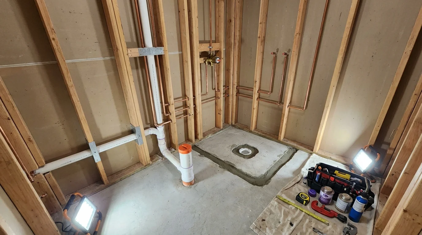 Bathroom rough-in plumbing during remodel by Johns Plumbing LLC in White Bluff