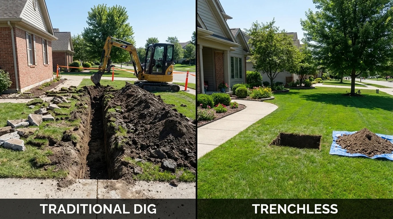 Trenchless sewer repair with minimal yard damage versus traditional excavation in White Bluff, TN