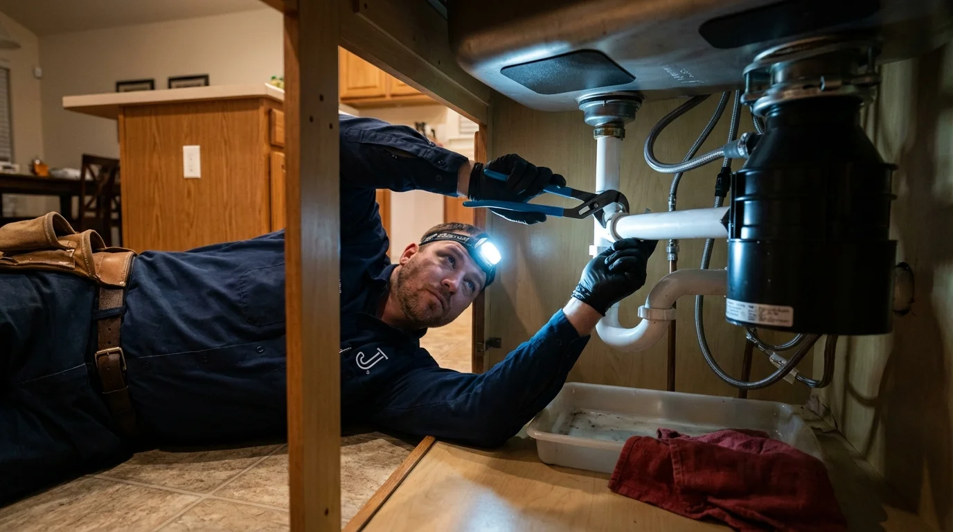 P-trap and supply line connections under a kitchen sink showing a common leak point in White Bluff, TN